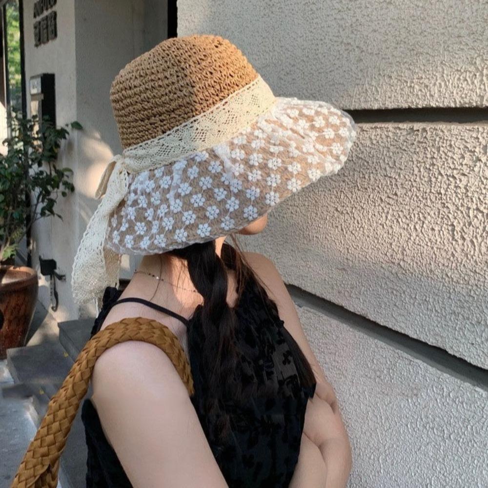 Crochet Bow Straw Hat Lace Beach Fisherman Hat Elegant Sunscreen Bucket Hat  Summer