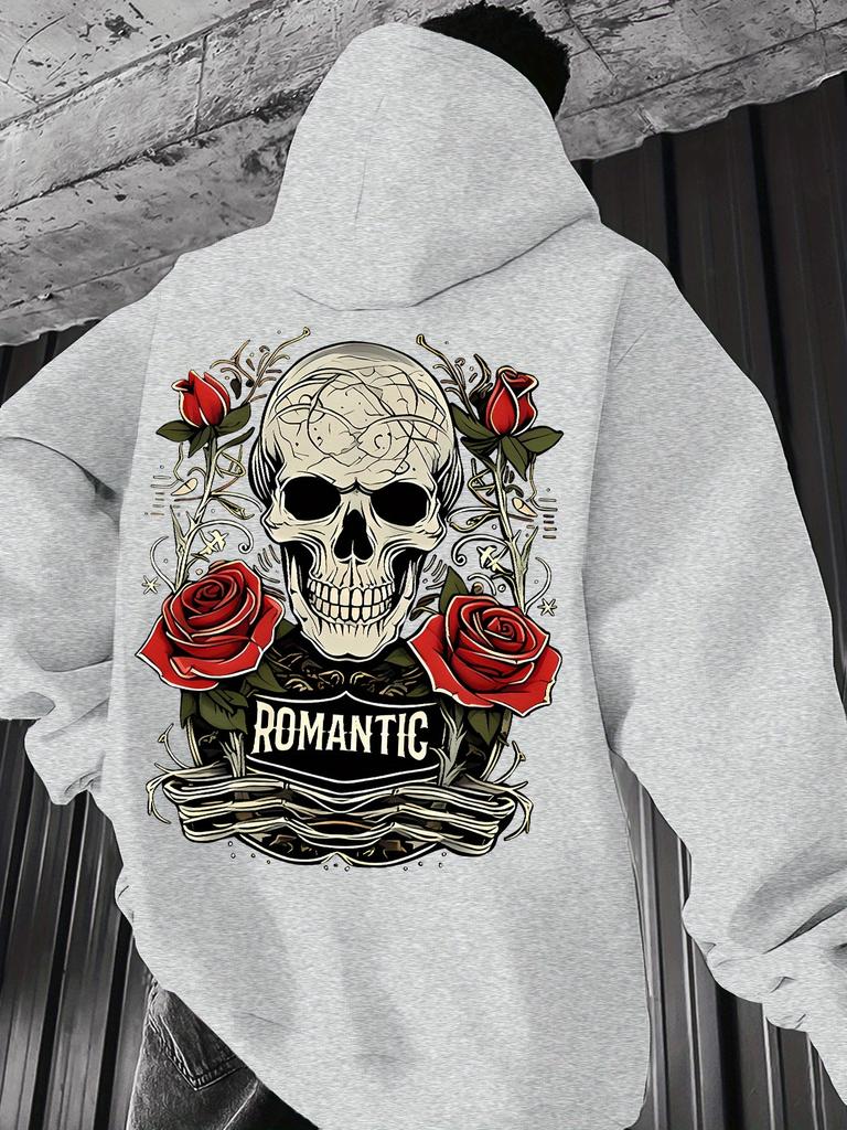 Romantic Dark Tone Skull Rose Vine Decorative Print Men's Green Hooded Sweatshirt, Hip Hop Street Sports Loose Daily Top