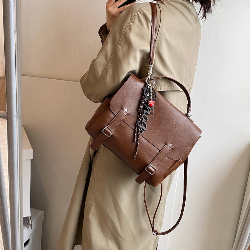 New retro pattern backpack advanced feeling soft leather high-capacity good appearance solid color versatile women's bags