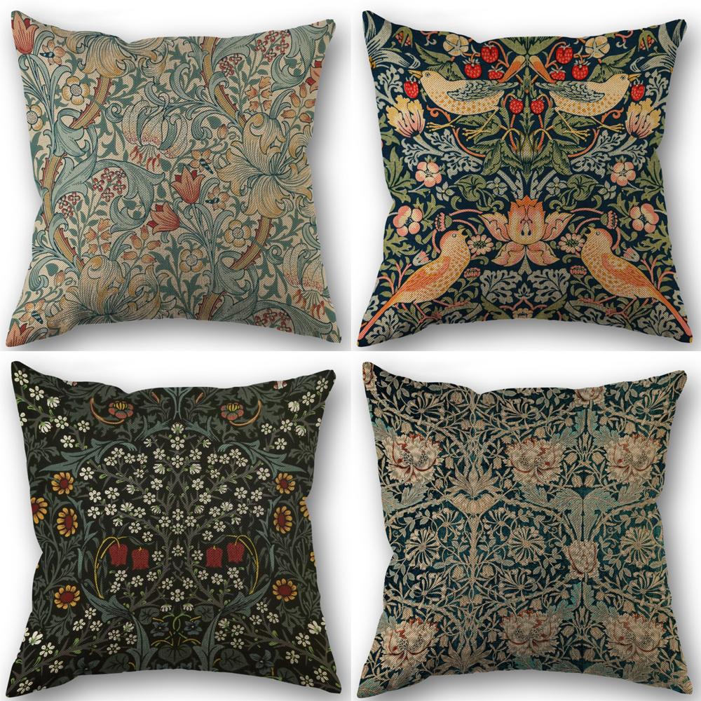 Bird Floral Botanical Green Linen Throw Pillow Covers Traditional Classic Art Pillow Covers, Decorative Cushion Covers 45X45cm