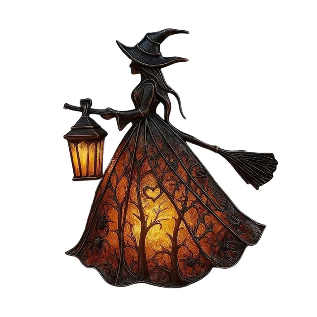 Halloweenská čarodějnická lampa, Gotická strašidelná čarodějnická dekorace s lucernou, Unikátní stolní lampa, Dekorační figurka, Stojící noční světlo pro domácí párty dekoraci