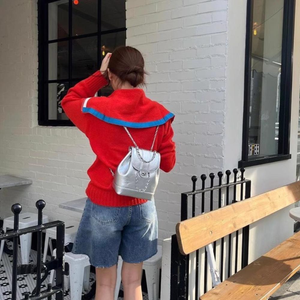 Korean Trendy Chain Backpack Ins PU Leather Backpacks Oil Wax Leather Schoolbags  Travel