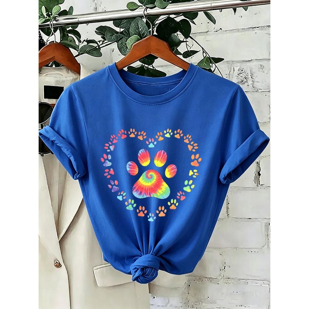 Dog Paw Print Heart Animal Lover T-Shirts Colorful Dog Paw Colorful Dog Paw Shirts Heart Anime Women's T-Shirts Short Sleeve