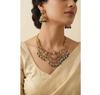 South Indian Temple Jewellery Set | Antique Gold Plated Lakshmi Long Necklace with Green Bead Drops & Jhumka Earrings
