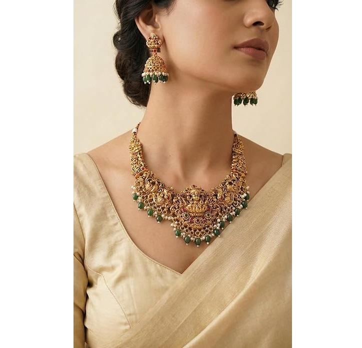 South Indian Temple Jewellery Set | Antique Gold Plated Lakshmi Long Necklace with Green Bead Drops & Jhumka Earrings