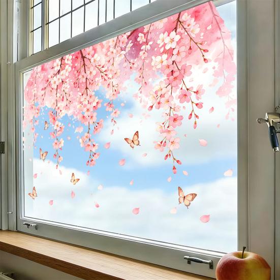 Kirschblüten-Blumen-Fensteraufkleber Frühling Aquarell Hängende Blumenranke Schmetterlinge Glastür-Aufkleber Wiederverwendbarer Fensteraufkleber für Zuhause Büro