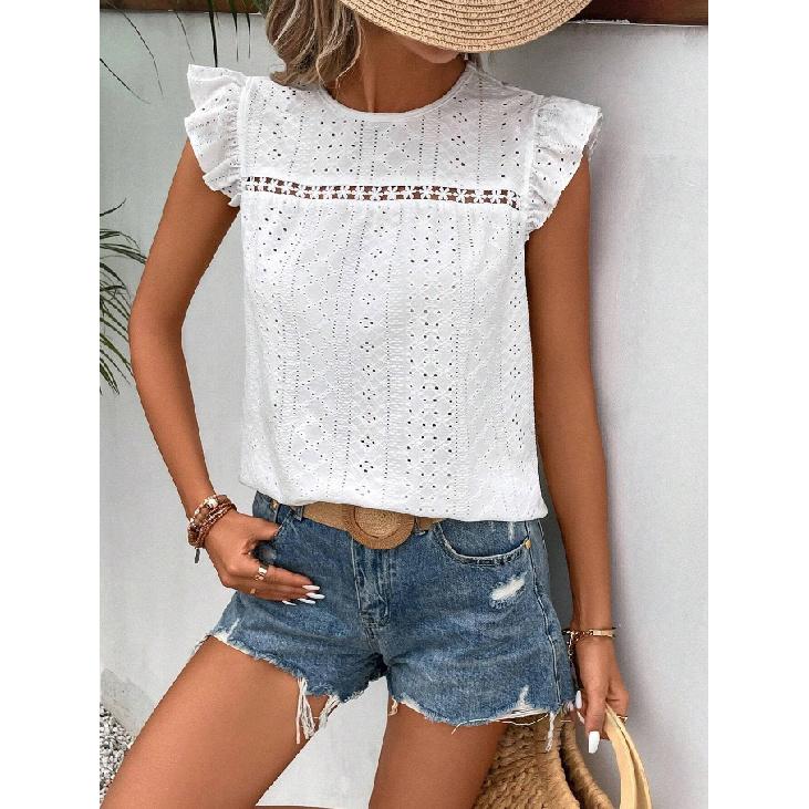 2026 Women's Summer New Round Neck Lace Solid Color Ruffle Short Sleeve Top