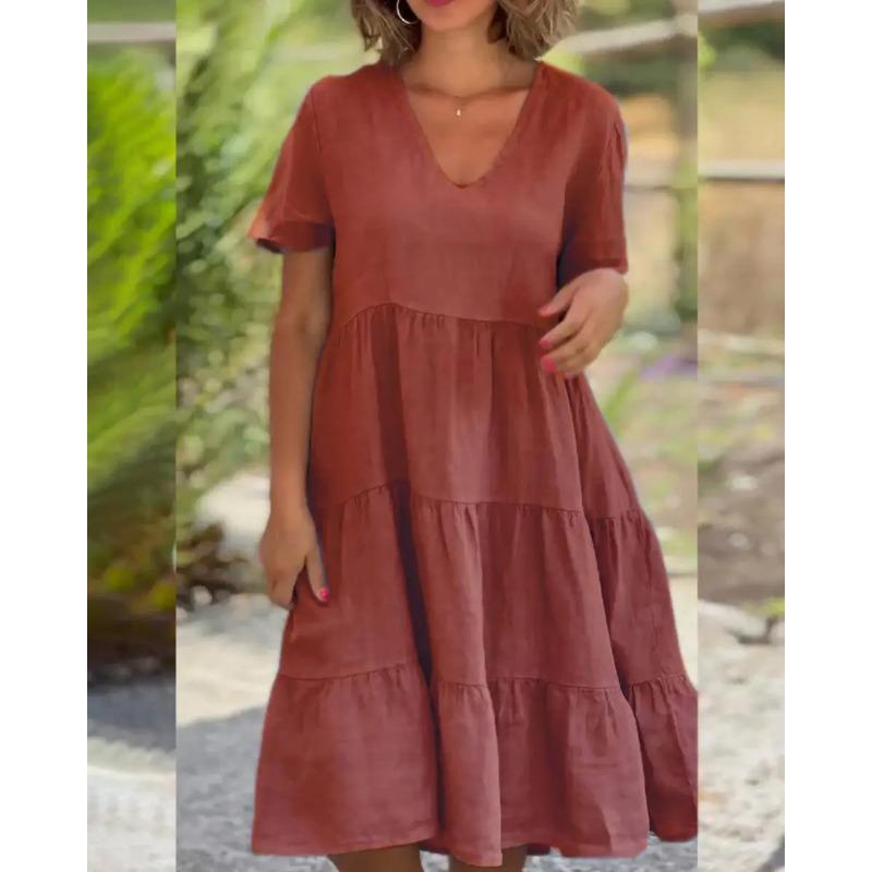 Cotton Linen Casual Women's Dresses 2025 Spring/Summer Sweet Short Sleeve Solid V-neck Large Swing Loose Dress S-5XL