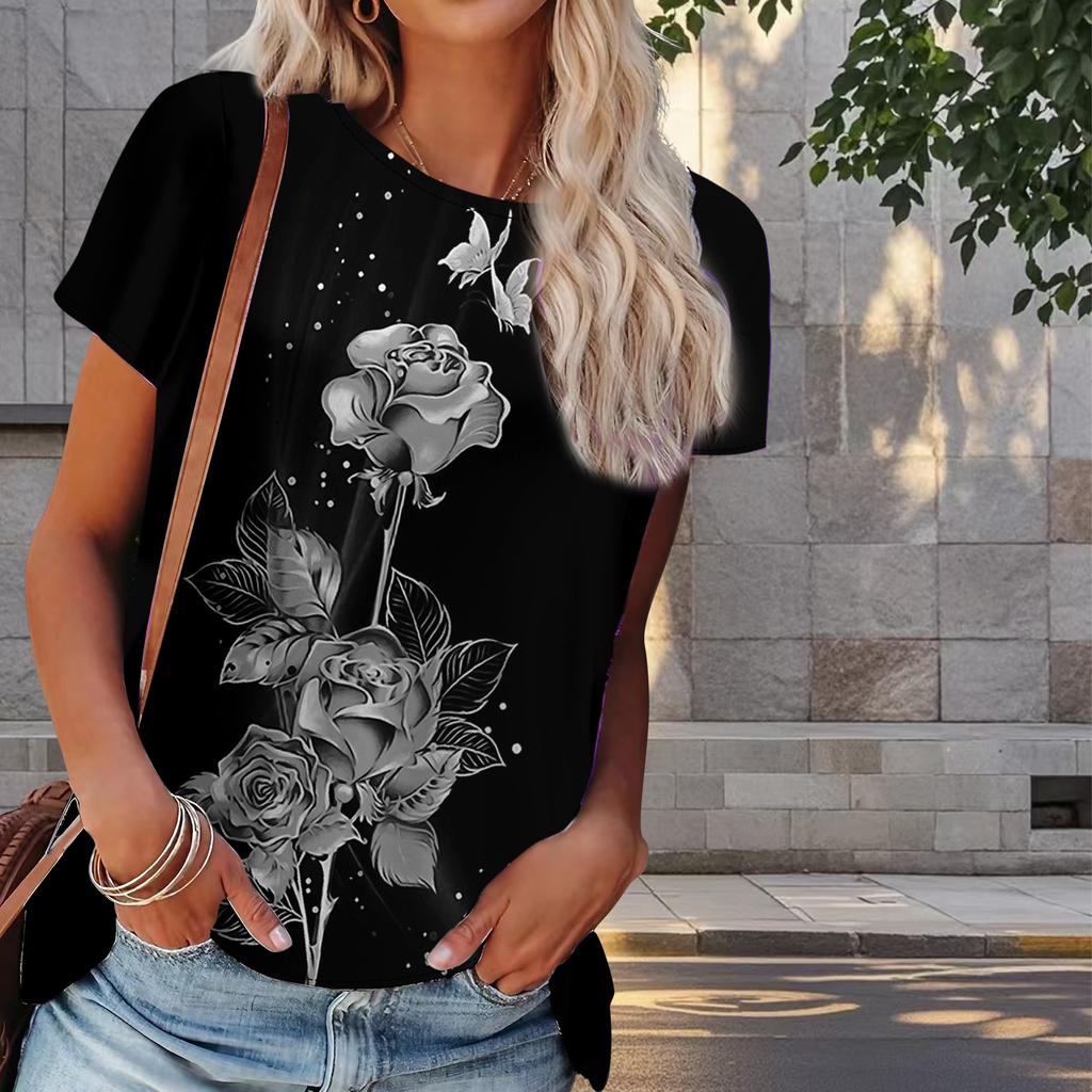 Damski Letni T-shirt z Nadrukiem Róży Retro Moda Krótki Rękaw Koszulki Casualowe Drukowane Topy