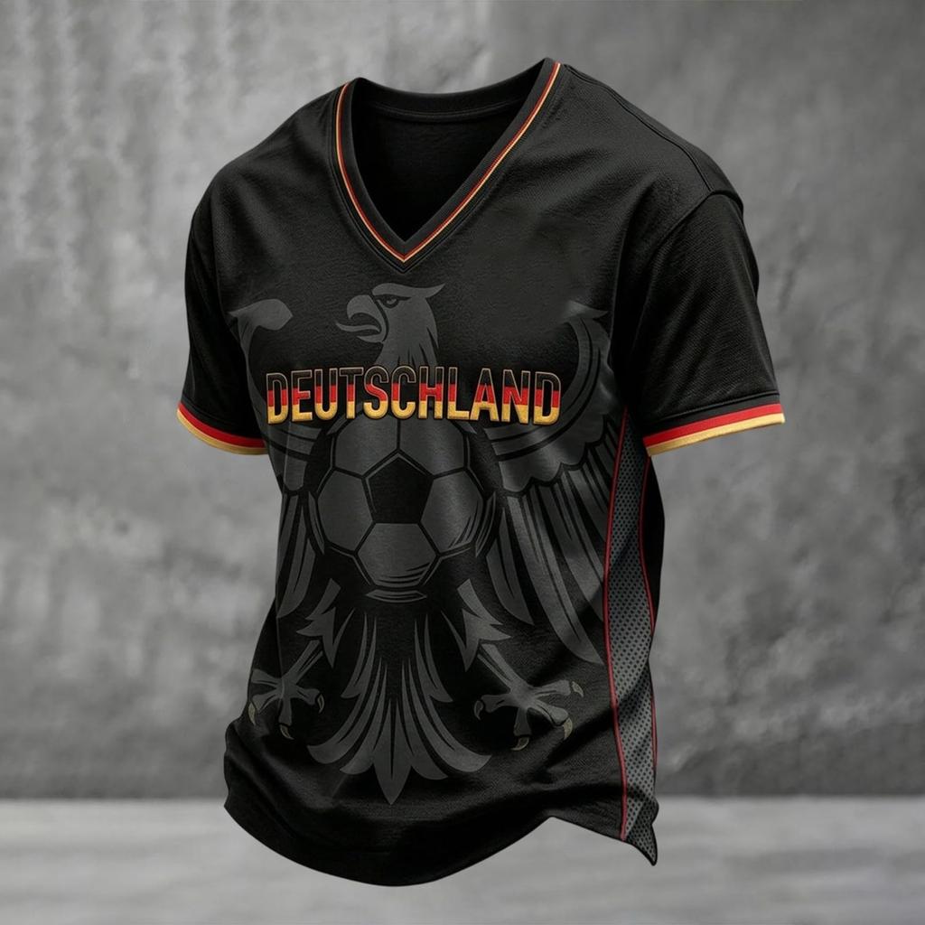 Men's Classic V Neck Short Sleeve T Shirt Featuring Football Graphic and Deutschland Print Suitable for Casual Wear and Sports Activities