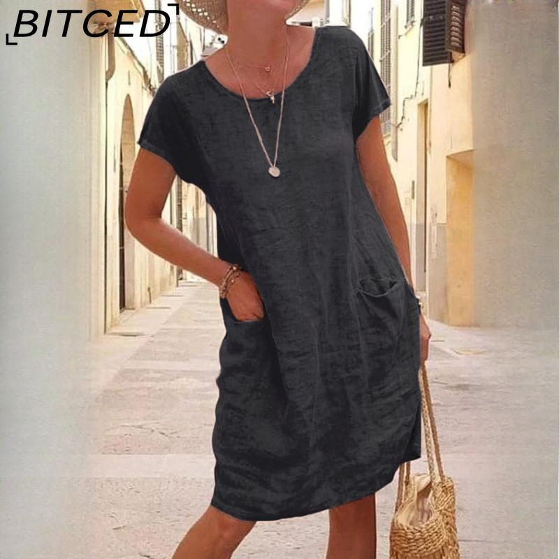 BITCED Damen Einfarbiges Sommer-Midikleid Damen Lässiges Lockeres Kleid mit Taschen Übergröße