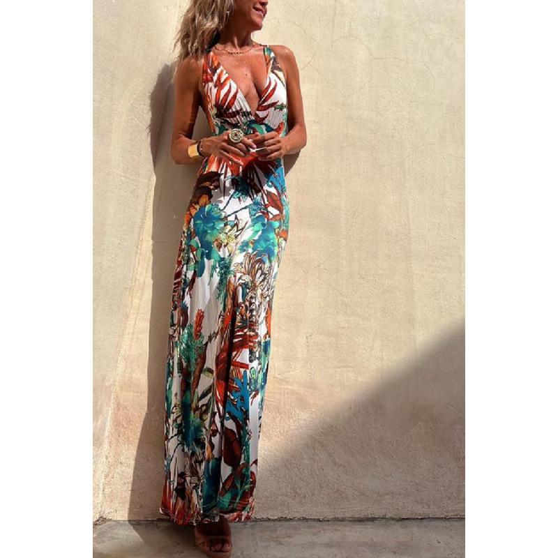 2023 European & American Sexy Print Spaghetti Strap Vacation Dress for Women