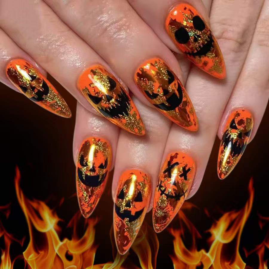 

2025 Halloween Pumpkin Devil Face Long Pointed Nails - 24 Piece Set One Size