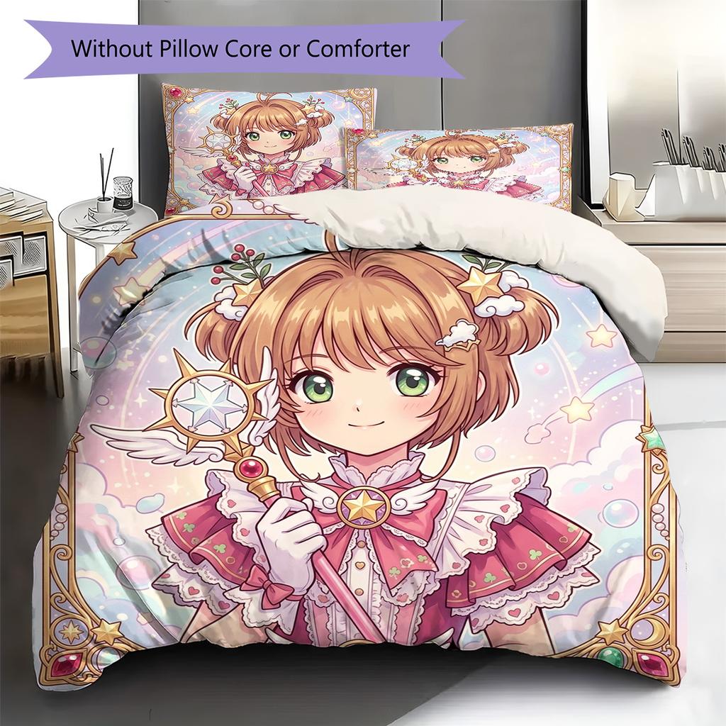 Cardcaptor Sakura Pattern Bedding Quilt Set Quilt Cover Pillowcase Home Decoration Birthday Gift (1 * Duvet Cover + 2 * Pillowcase, Without Core)