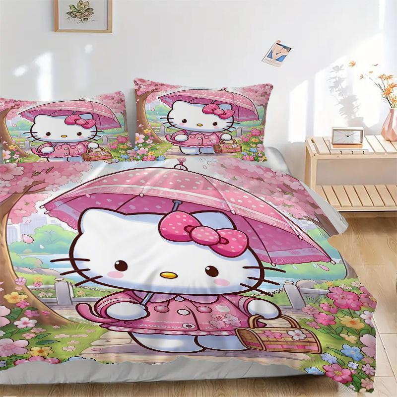 

3pcs Spring Hello Kitty Bedding Set, Including Without Filling, Soft and Comfortable Home BedroomH101 135x200cm