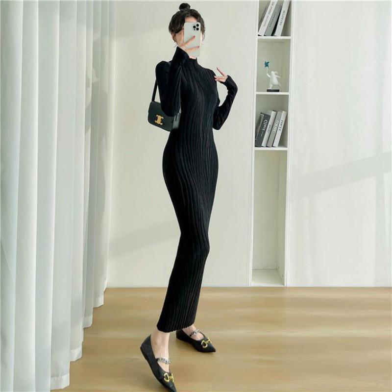 Simple Slim Fit Half Turtleneck Sweater Dress - Knitted Ankle Length for Women, Perfect for Autumn