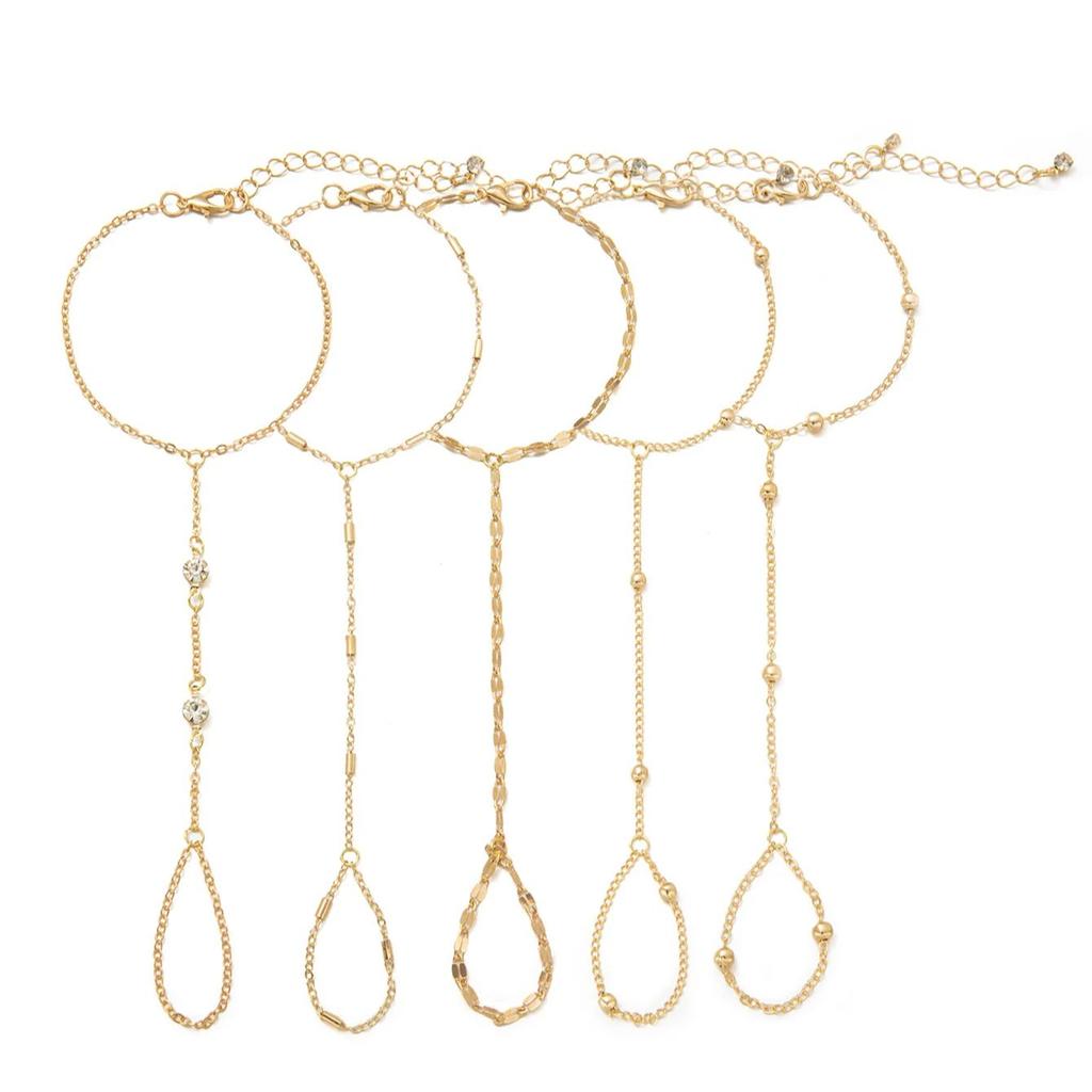 Niche Gentle Style Golden Beaded Finger-connected Bracelet, Integrated Ring Bracelet