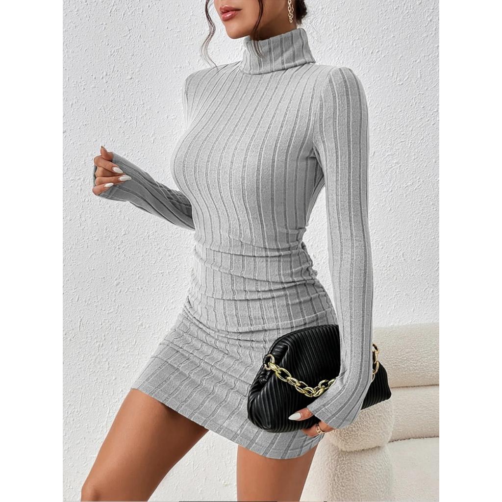 2024 Women Clothing New Solid Dresses Mini Dress Club Elegant Party Dresses Black Solid Turtleneck Long Sleeves SheathDress
