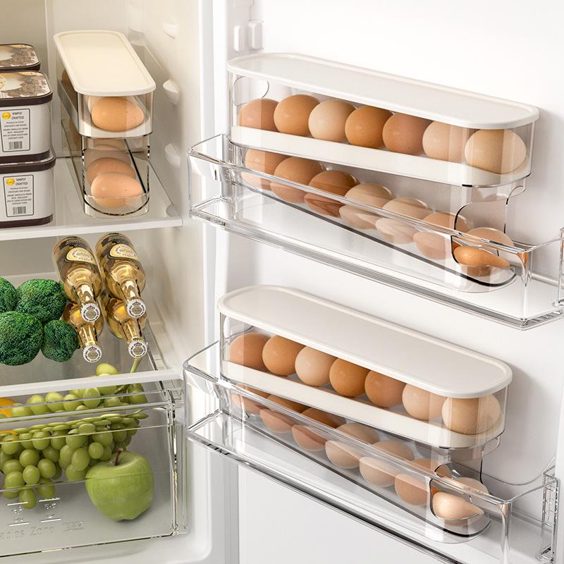Transparent Dual-Color Slide Egg Box: Automatic Replenishing Refrigerator Door Tray for Fresh-Keeping and Storage