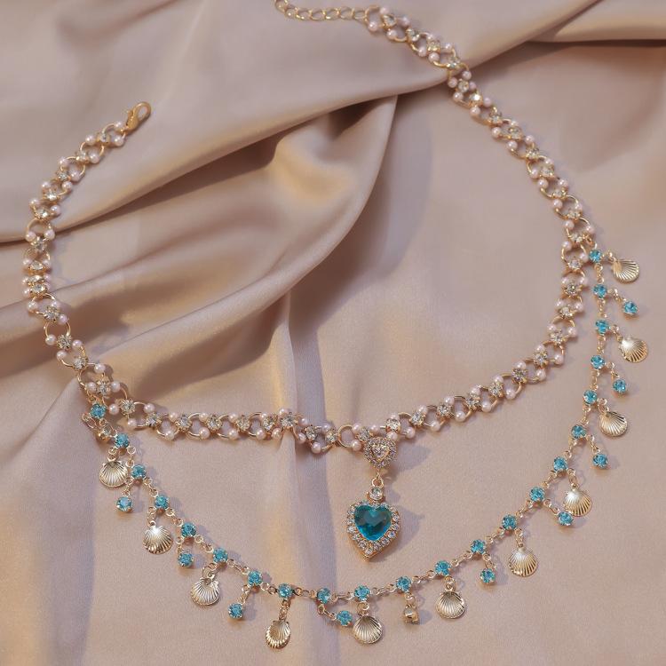 BLINGBAY Women's Pendant Necklace Blue Love Shell Original Design Double Layer Stacking Girl Princess Gold Charming Necklace Girl Birthday Gift