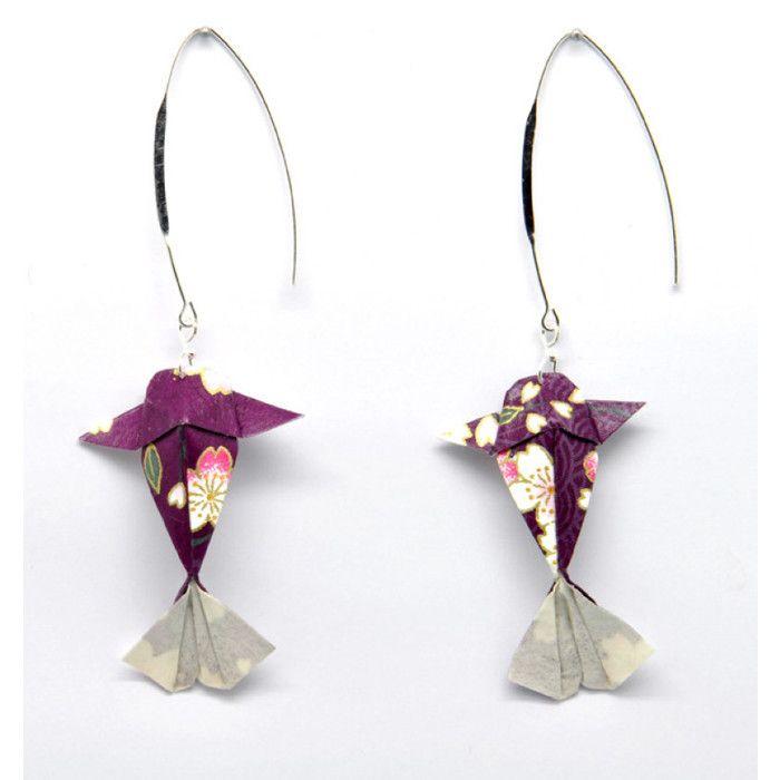Origami Paper Earrings Purple Carp