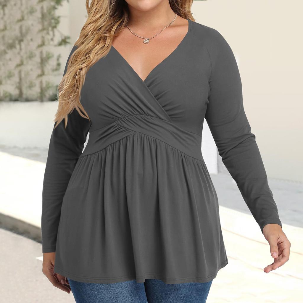 Women's Plus Size Shirt Long Sleeve Solid Color Top Pleated Casual V-Neck Top