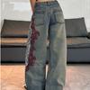 Jeans larghi da donna vintage lavaggio fango, ricamo astratto laterale, vita alta, pantaloni baggy Y2K