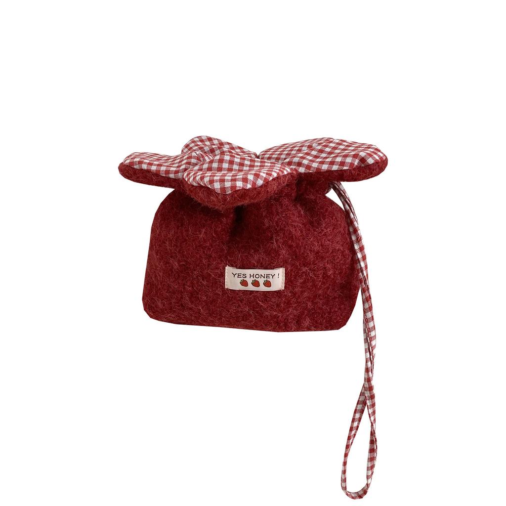 Sweet Flower Women's Plush Crossbody Bags Fashion Plaid College Girls Drawstring Shoulder Bag Cute Floral Small Purse Handbags