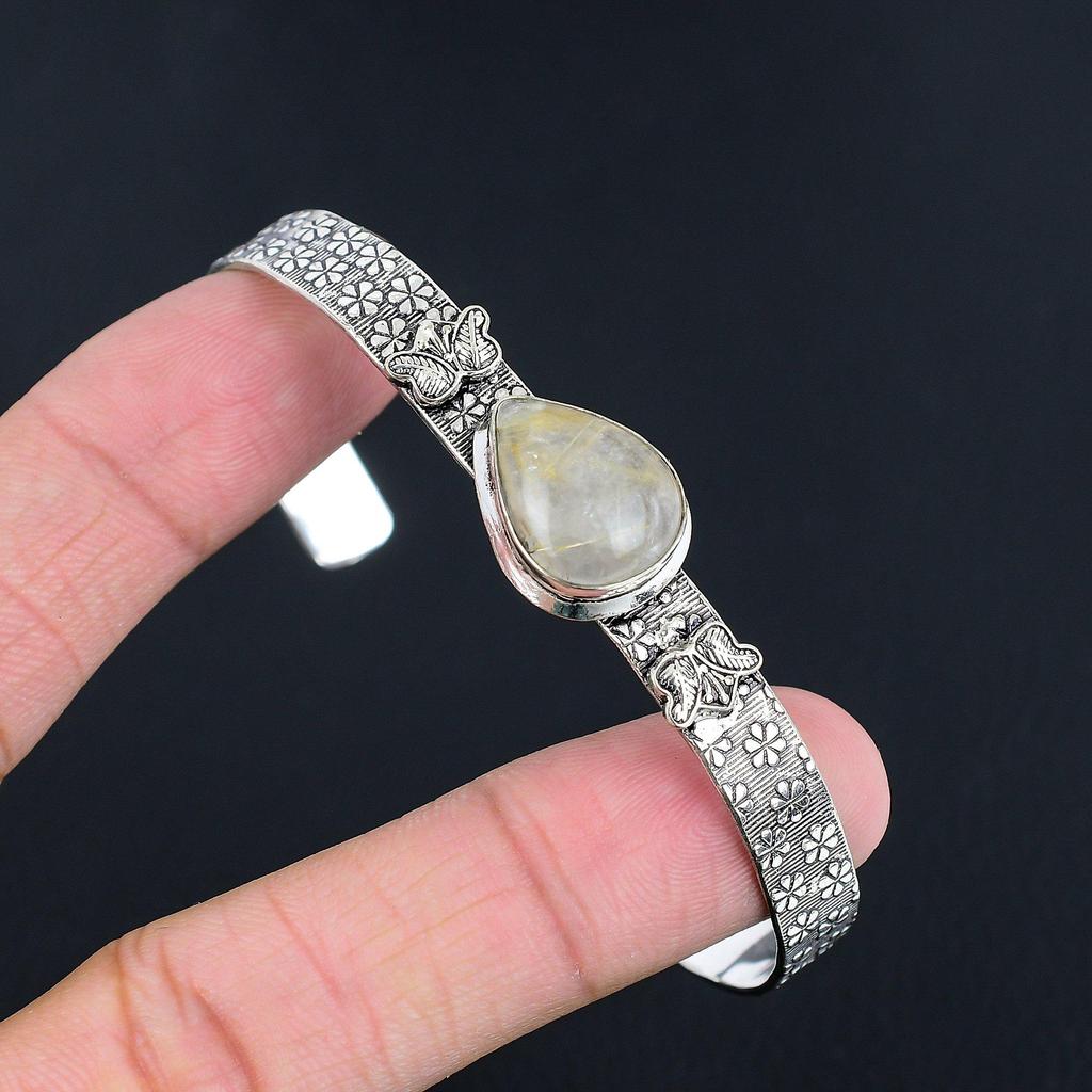 Birthday Gift For Her Natural Golden Rutile Bangle Adjustable 925 Silver
