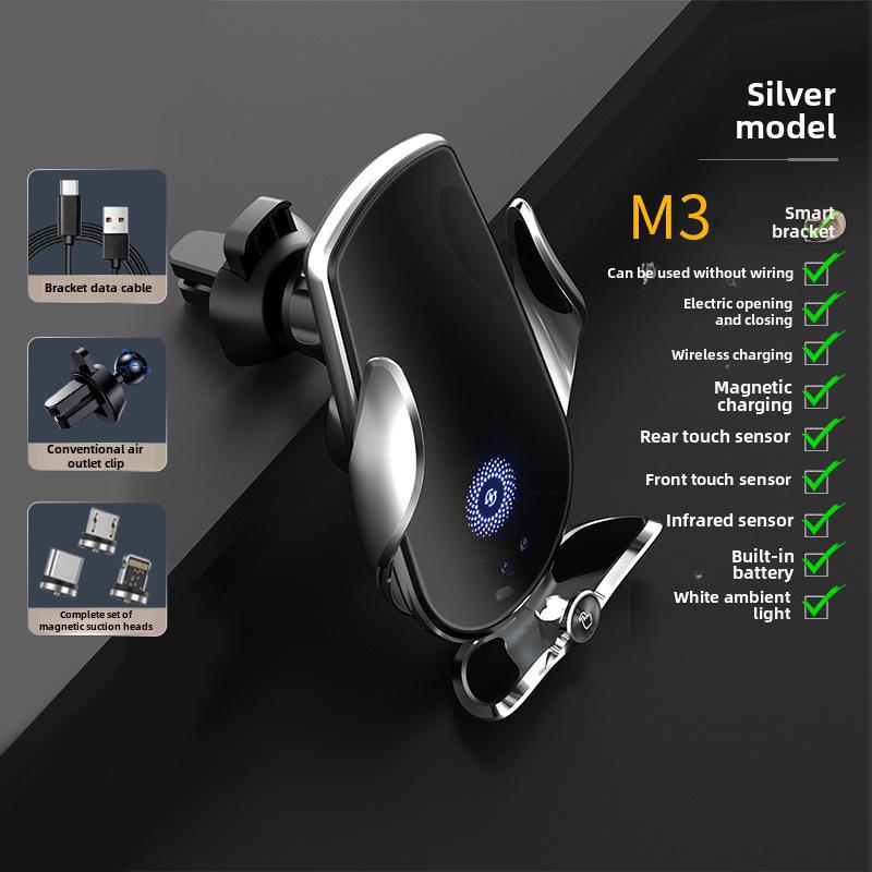 

Волшебный зажим M123: Беспроводное автомобильное зарядное устройство и держатель для телефона с автоматическим зажимом M3 Battery Version серебряный