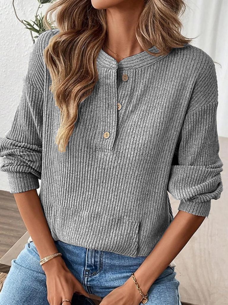 2025 Autumn/Winter Women's Solid Color Fashion Button Loose Long Sleeve T-shirt Top – European and American Style