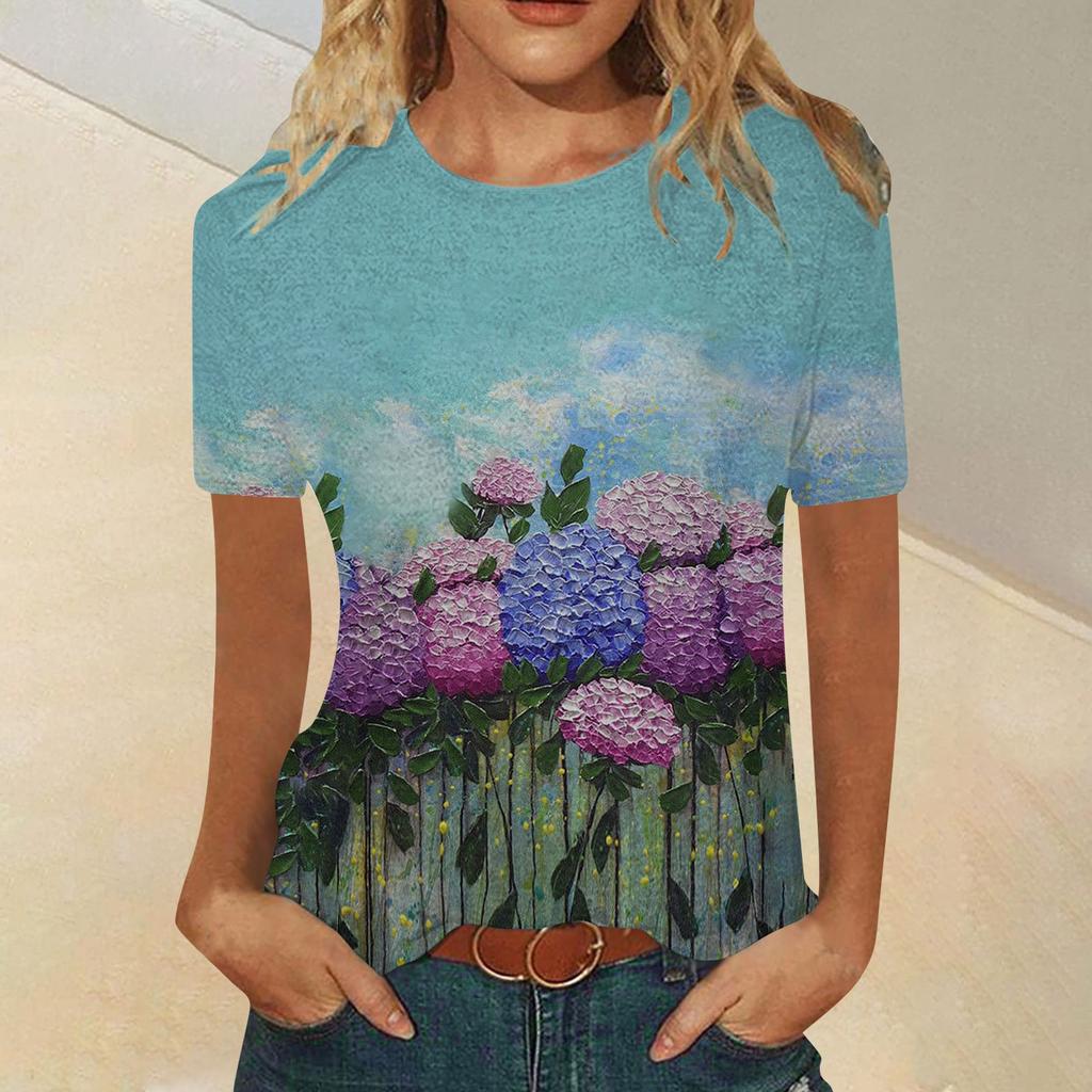 Women's Fashion Casual Comfortable Printed O-Neck Short Sleeve Top Blouse