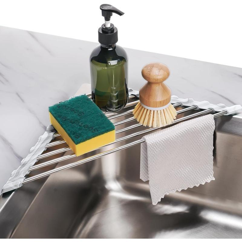 Marble Triangle Roll-Up Dish Drying Rack for Sink Corner - Small Foldable Stainless Steel Multipurpose Kitchen Drainer Caddy Trivet Rustproof