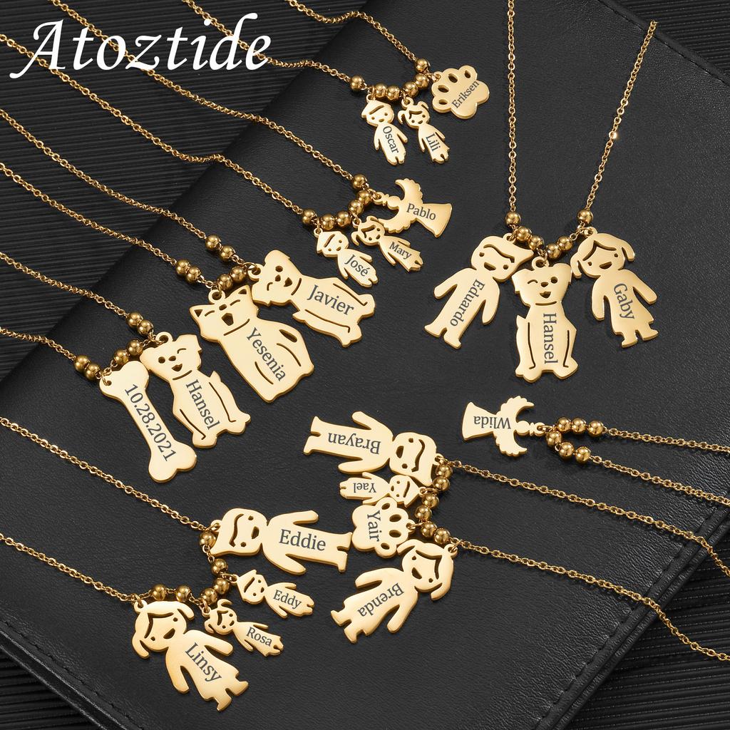 Atoztide Engrave Family Name Necklace for Women Personalized Stainless Steel Jewelry Mother Kids Angle Dog Chain Birthday Gift
