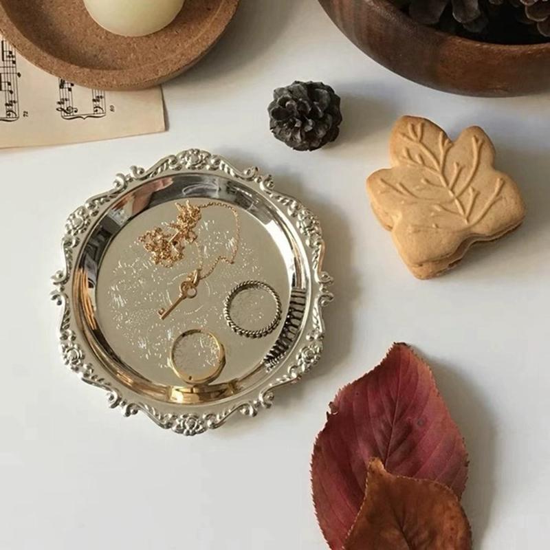 Metal Storage Tray Round Plate Jewelry Dish Earrings Ring Display Tray Desktop Decor Photo Props