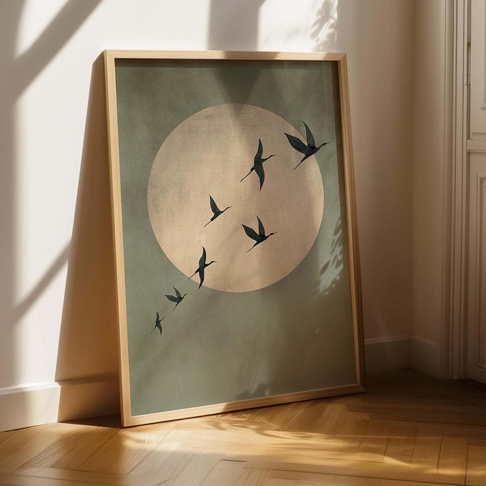 Salbeigrün Gold Japandi Kunstdruck Fliegende Vögel Wandkunst Abstrakte Sonnenkunst Wohnzimmerdeko Japanische Wandkunst Schlafzimmerdeko Geschenk