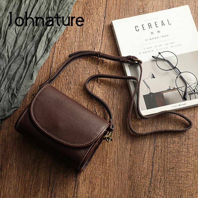 Johnature Genuine Leather Retro Small Bag Women Soft Real Cowhide Simple Solid Color Shoulder & Crossbody Bags