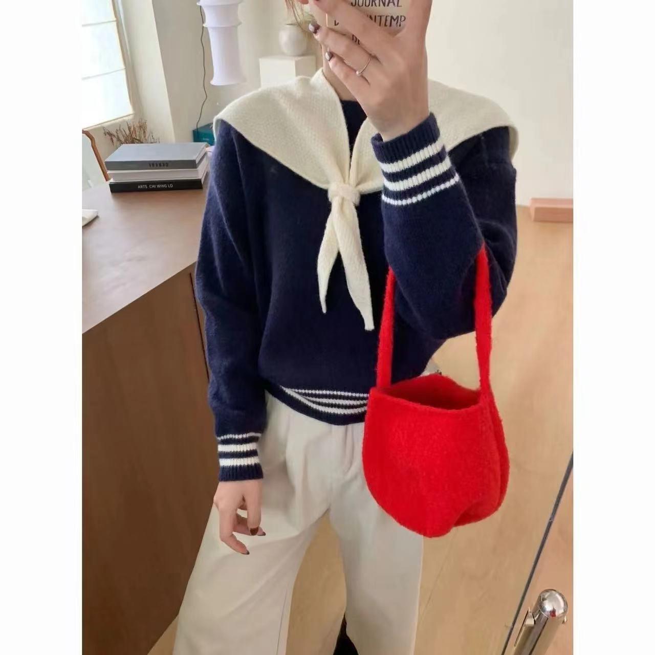 

Нежный темно-синий свитер для колледжа, новый, уменьшающий возраст, свободный, осенне-зимний, с длинными рукавами, милый ленивый свитер в японском стиле One Size