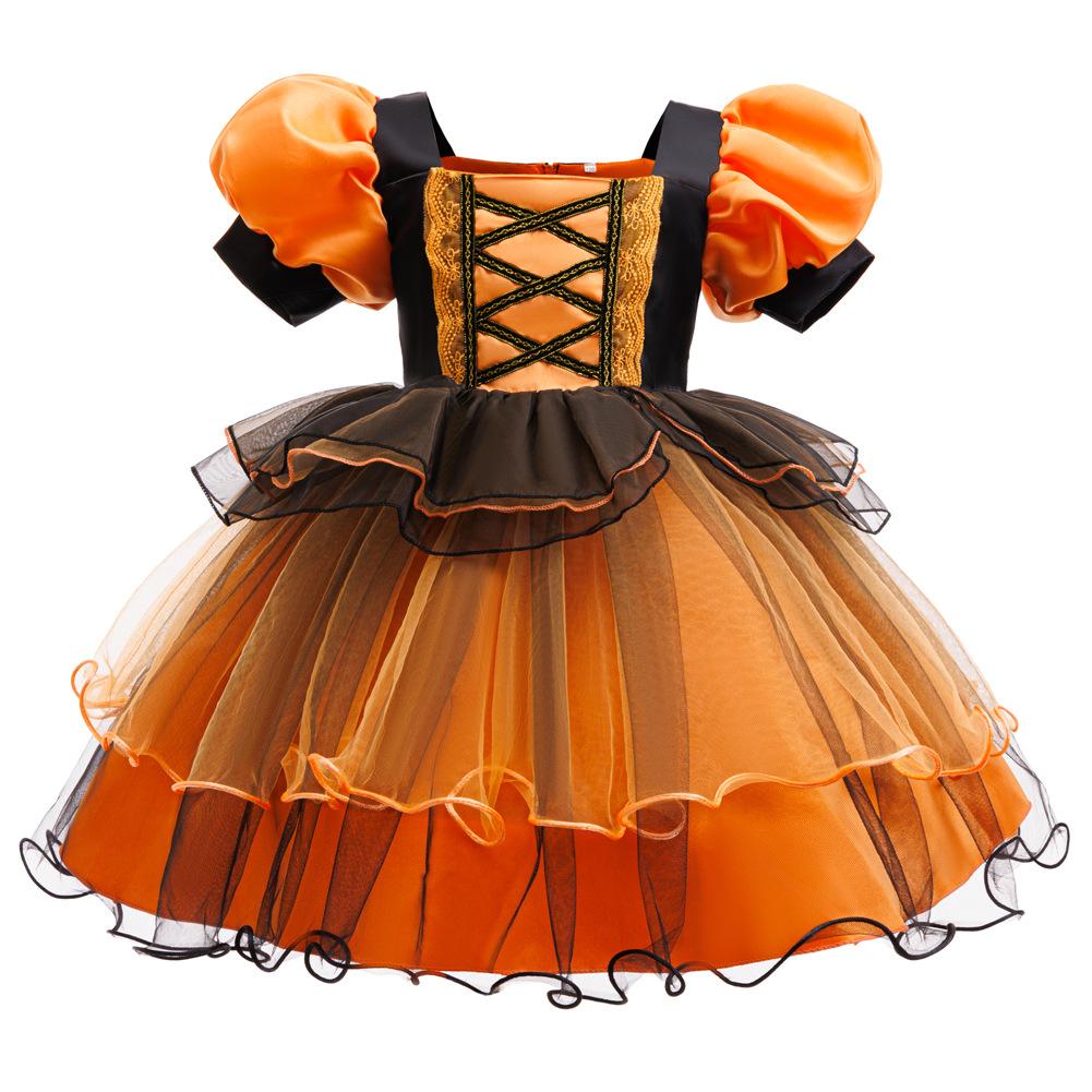 Girls Princess Dress Halloween Costume Cosplay Witch Dress Bubble Sleeve Pumpkin Mesh Tutu Children Princess Dress Mesh Skirt