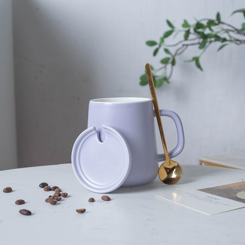 

Nordic Ceramic NS Style Mug Creative Water Cup with Lid and Spoon Simple Coffee Cup Solid Color Cream Style Matte 401-500ml
