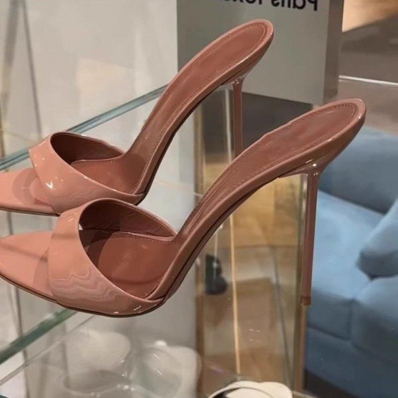 High Heels Pointed Fish Mouth Ultra-thin Heel Patent Leather Simple Cool Slippers New Wear Sexy Red Wedding Sandals Women