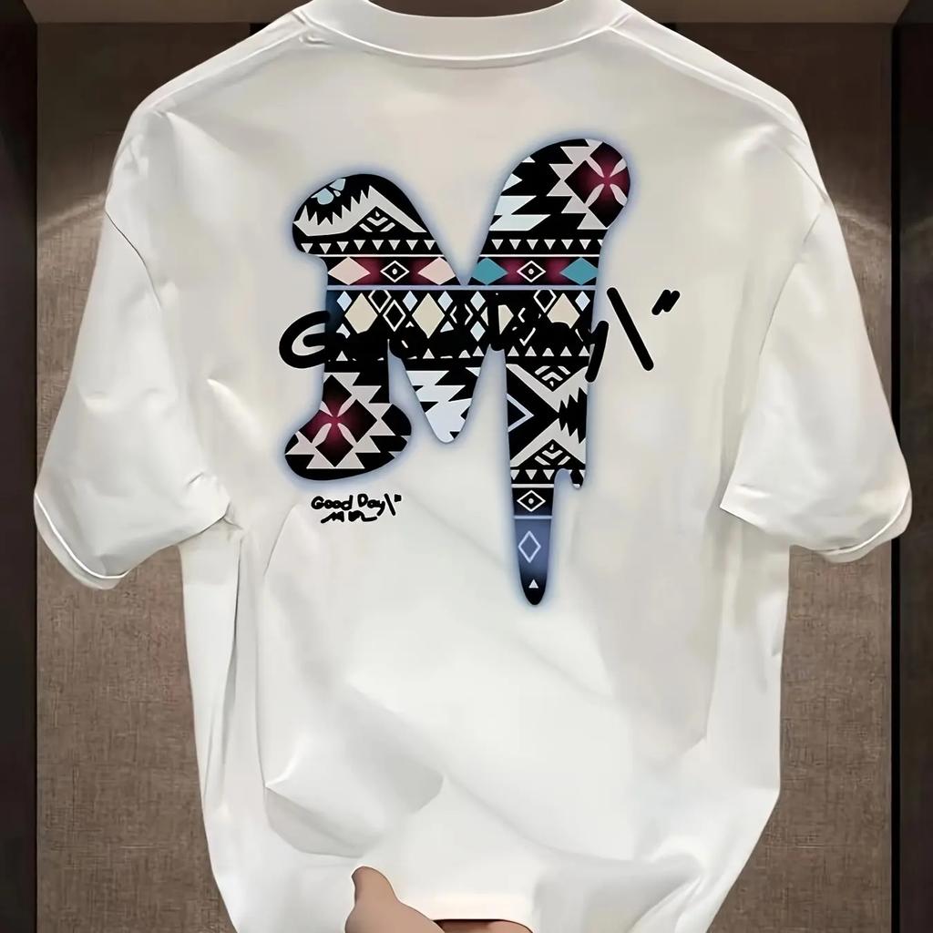 Men's Summer 100 Cotton Fashionable Casual Sports Loose Oversized Creative Letter M Printed Round Neck Short Sleeved T-shirt Top