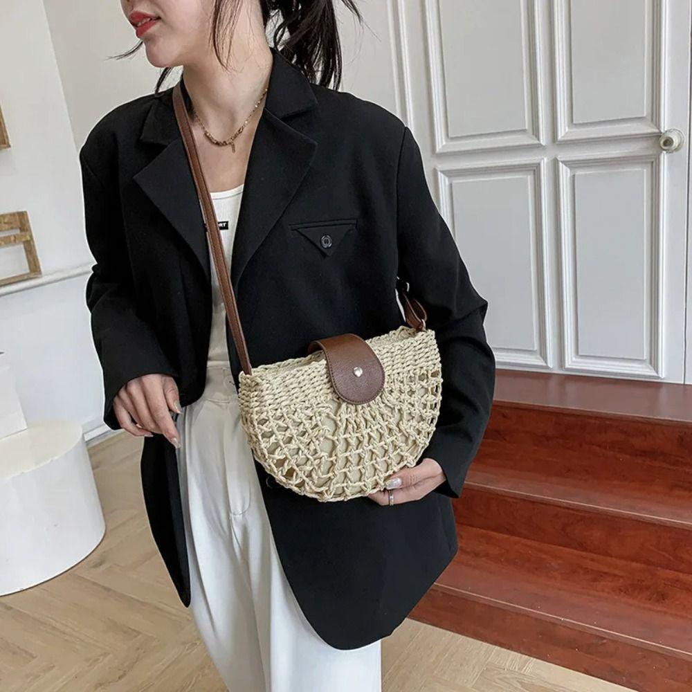 Bohemian Style Weave Straw Crossbody Bag Woven Beach Shoulder Bag Hollow Semicircle Bag  Shopping