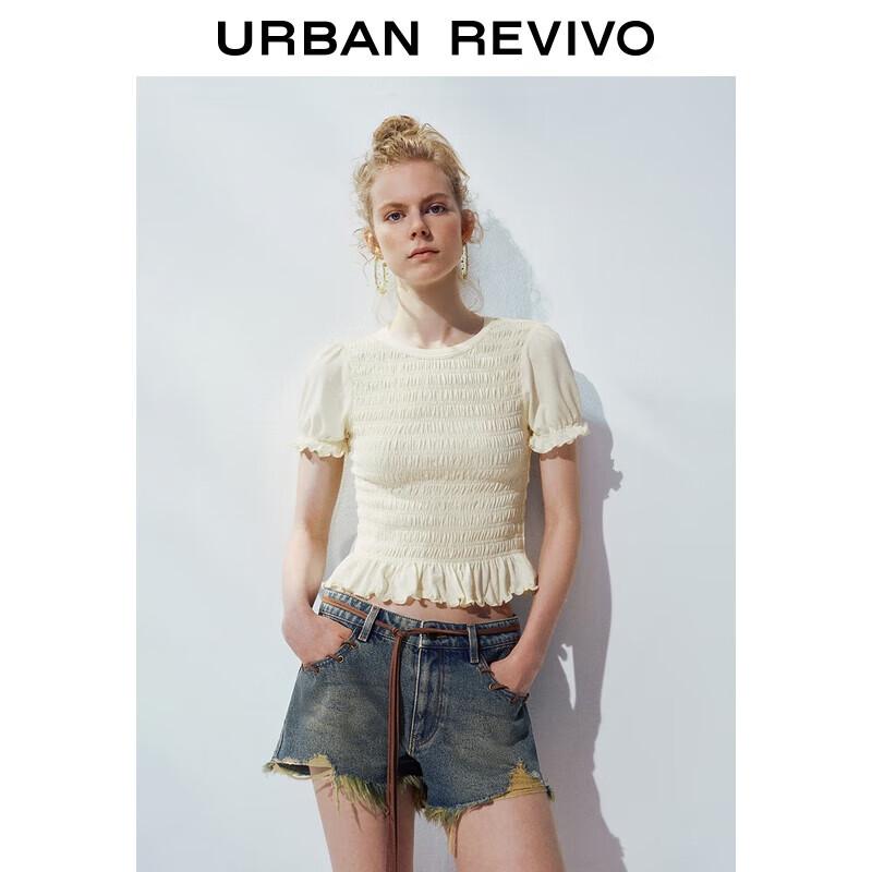 UR 2025 Summer Textured Pleated Slim Fit Short Sleeve T-Shirt M