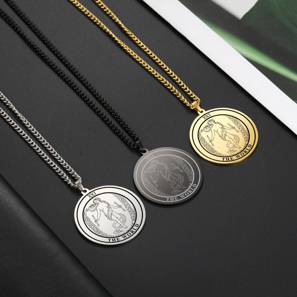 

LIKGREAT Vintage Round Tarot Card Necklace Major Arcana Pagan Astrology Amulet Pendants Aesthetic Stainless Steel Jewelry Steel color