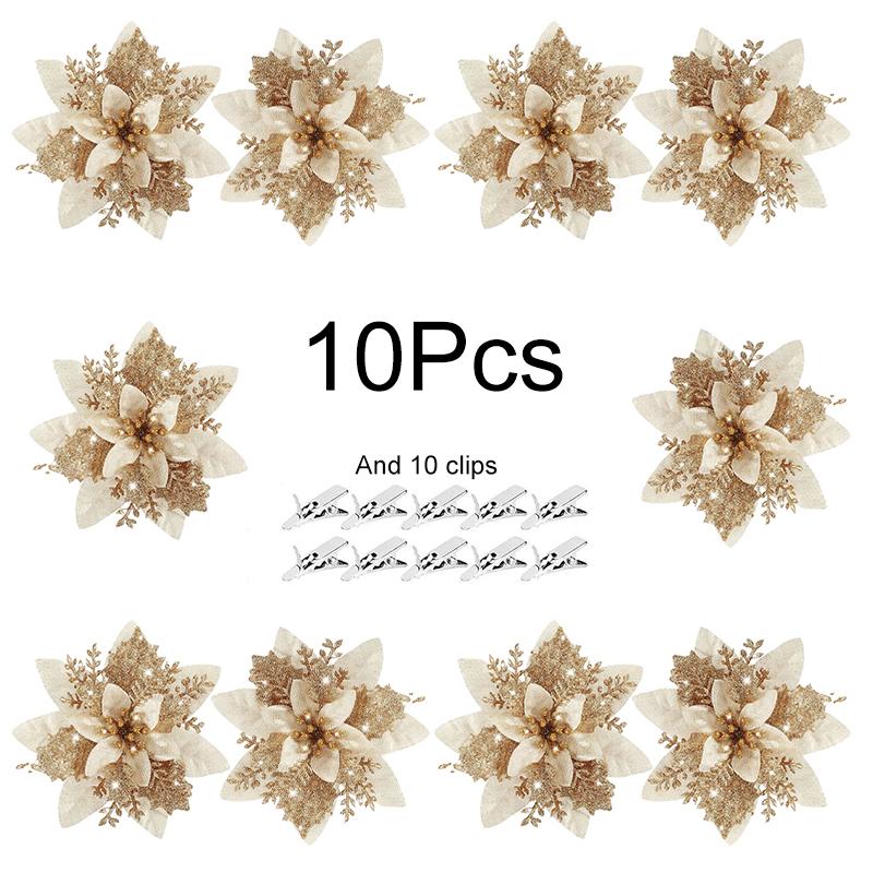 10Pcs/Pack Christmas Flowers Sparkling 14CM with Clips Xmas DIY Glitter Poinsettia Wreath