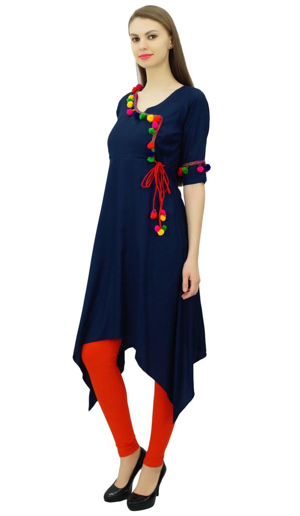 Phagun Angrakha Style Rayon Womens Tunic Kurta Pom-Pom Designer Kurti Top Indian