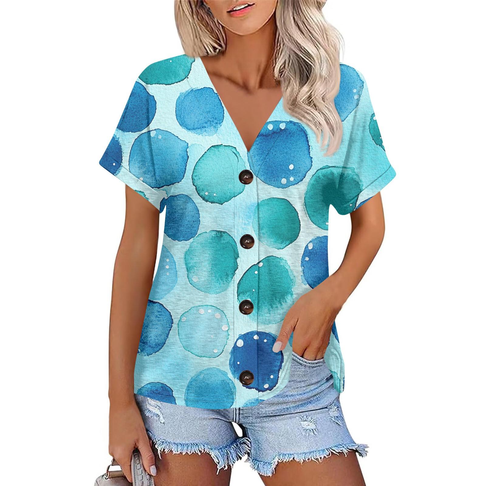 

Женская мода с короткими рукавами и V-образным вырезом, повседневная футболка с пуговицами L