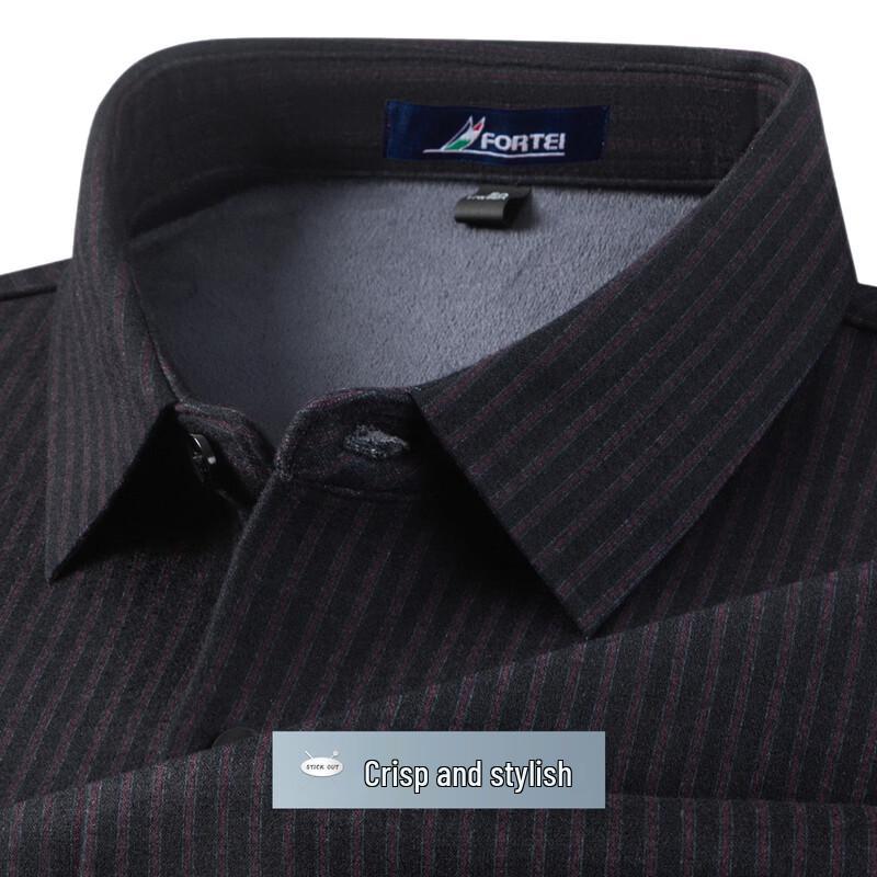 Futing Men's Striped Fleece-Lined Business Shirt with Silk and Wool Blend
