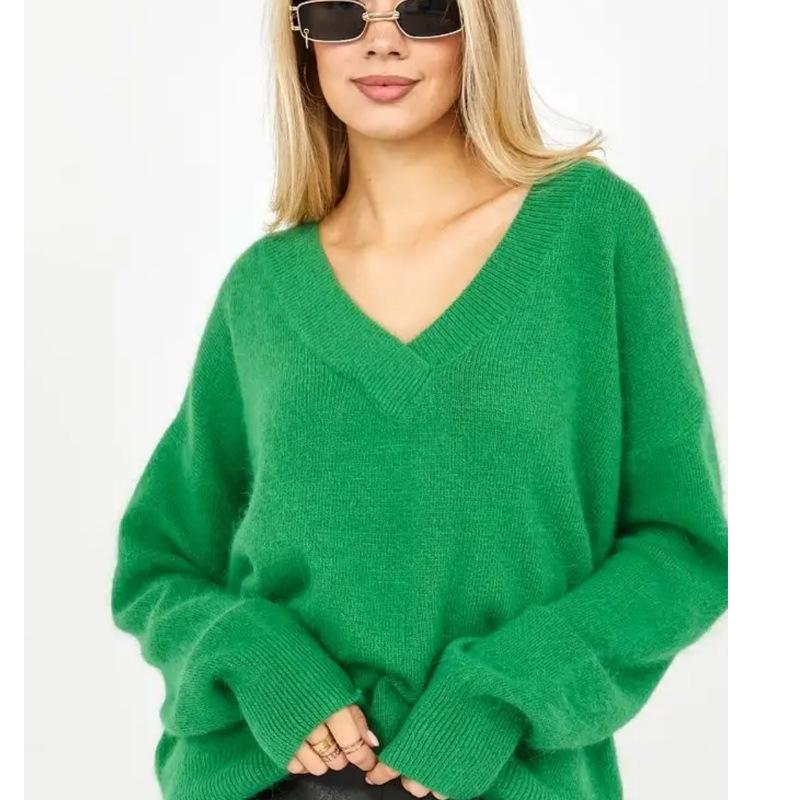 Women's Temperament Solid Knit Sweater V-neck Long Sleeve Faux Mink Hair Soft Loose Knit Top Fashion Lazy Style Simple Casual Sweater